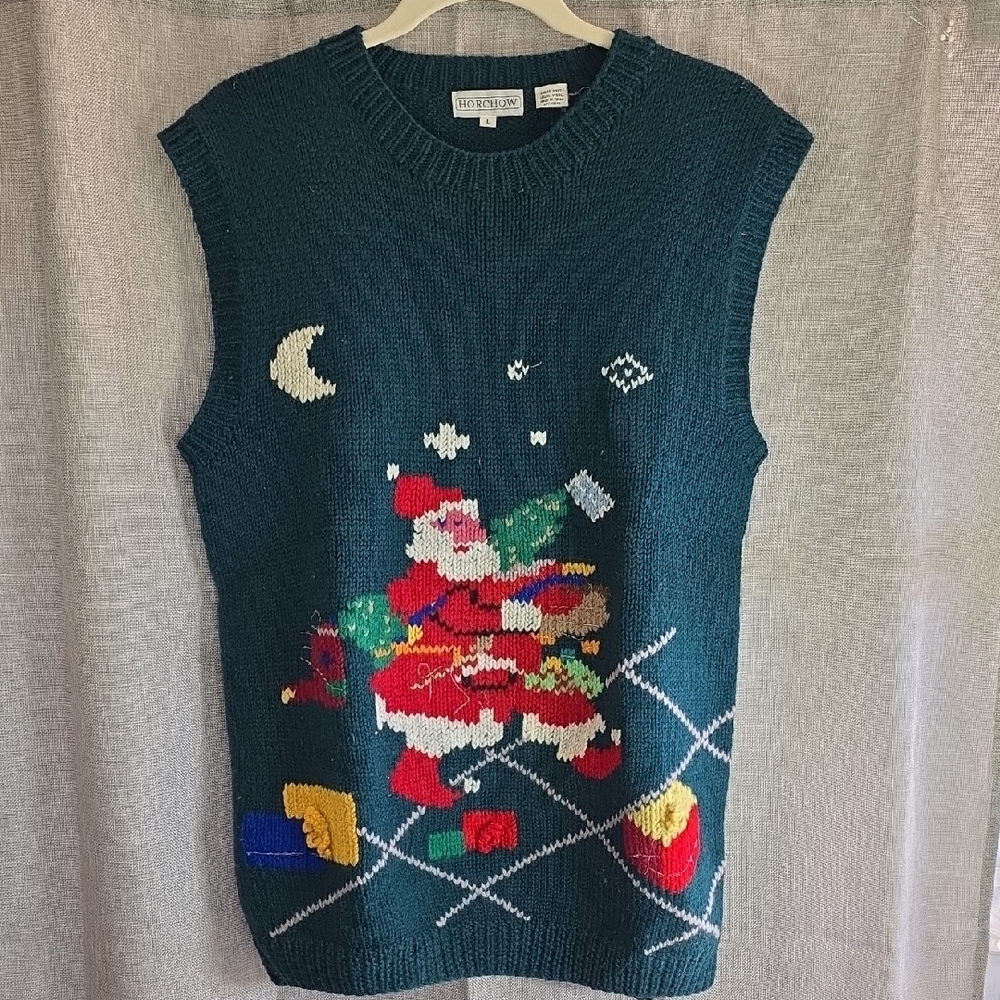 Horchow 90s Christmas Sweater Vest Santa Claus‎ Dark Green Knit Holiday Ugly L